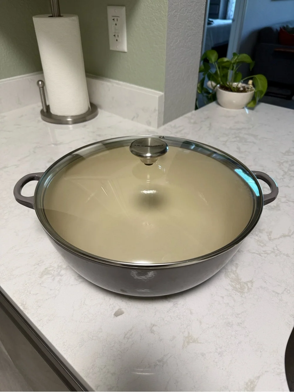 Oyster Gray Le Creuset Enameled Cast Iron soup pot with Glass Lid 5.5 quart